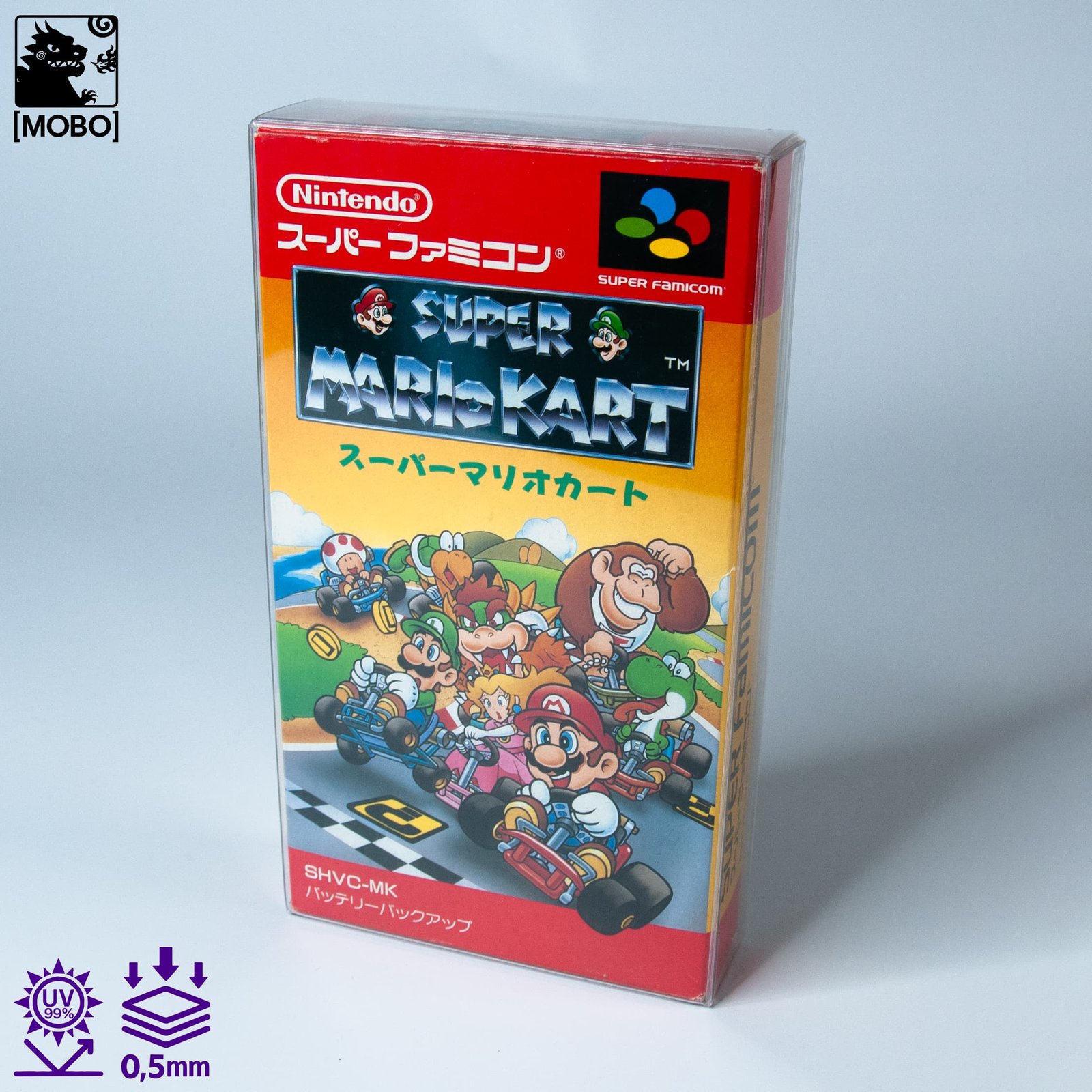 Front view of MOBO Crystal Box Nintendo Super Famicom Game Protector – Transparent 0.5 mm PET case for boxed or sealed Super Famicom games