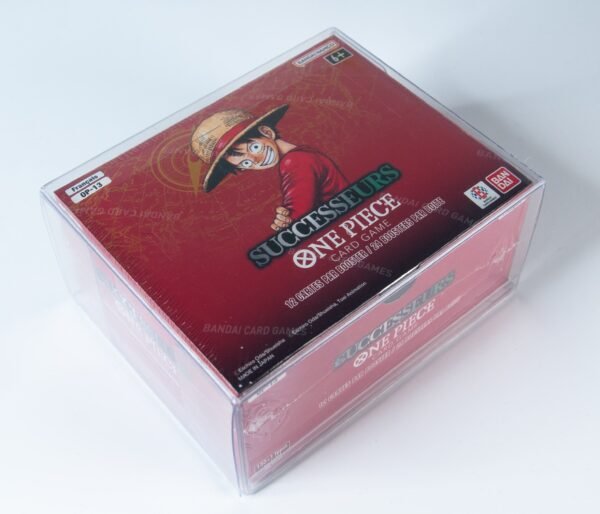 Rear view of MOBO Crystal Box One Piece Booster Box Display Protector – Transparent 0.7 mm PET case showing reinforced back closure