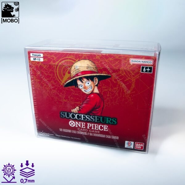 Front view of MOBO Crystal Box One Piece Booster Box Display Protector – Transparent 0.7 mm PET case for sealed One Piece booster box