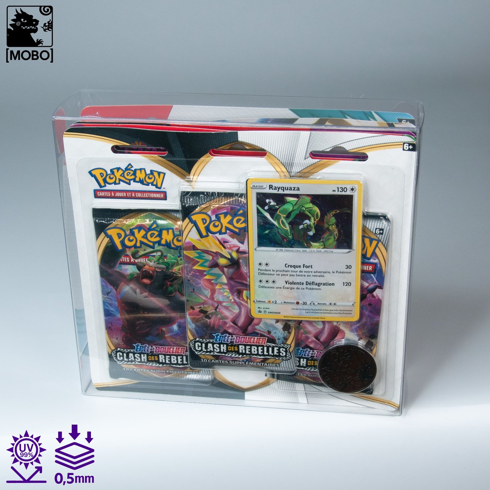 MOBO Pokémon Crystal Box 5 Tripack Duopack Protector Front view of MOBO Crystal Box Pokémon 5 Tripack Duopack Protector – Transparent 0.5 mm PET case for sealed 5-pack or dual-pack Pokémon boxes