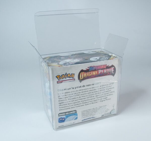 Rear view of MOBO Crystal Box Pokémon Booster Box Protector – Transparent 0.5 mm PET case showing the rear seal and secure fit