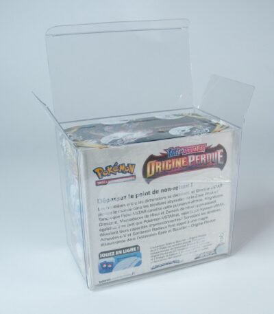 Rear view of MOBO Crystal Box Pokémon Booster Box Protector – Transparent 0.5 mm PET case showing the rear seal and secure fit