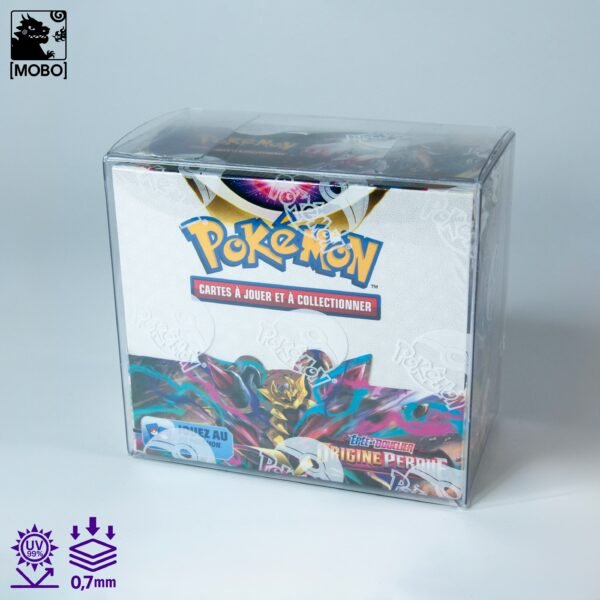 Front view of MOBO Crystal Box Pokémon Booster Box Protector – Transparent 0.7 mm PET case for sealed booster box display