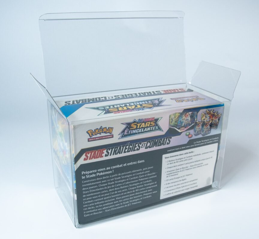 Rear view of MOBO Crystal Box Pokémon Build & Battle Stadium Protector – Transparent 0.6 mm PET case showing the secure rear closure and snug fit