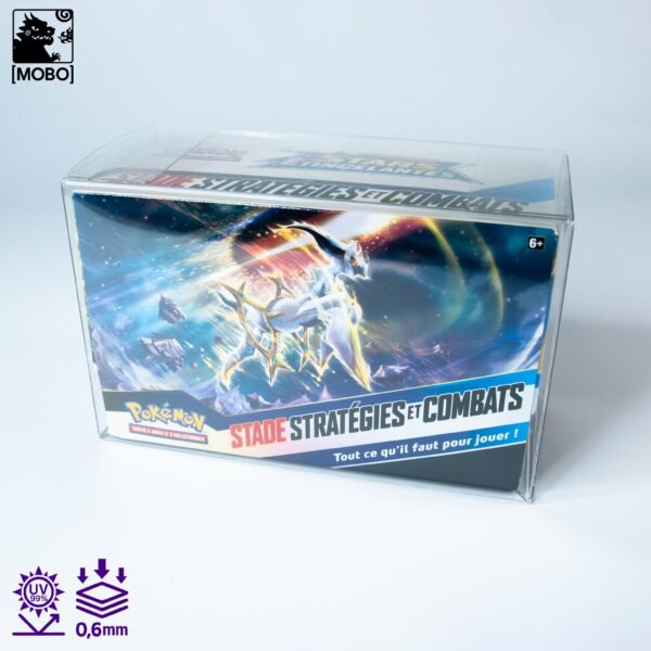 Front view of MOBO Crystal Box Pokémon Build & Battle Stadium Protector – Transparent 0.6 mm PET case for sealed Build & Battle Stadium box