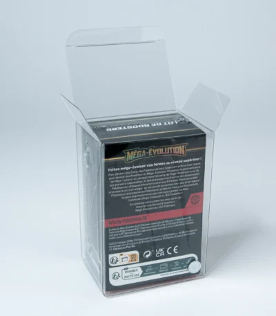 Rear view of MOBO Crystal Box Pokémon Bundle Protector – Transparent 0.5mm PET case showing the back closure and snug fit for sealed Pokémon bundles.