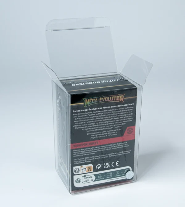 Rear view of MOBO Crystal Box Pokémon Bundle Protector – Transparent 0.5mm PET case showing the back closure and snug fit for sealed Pokémon bundles.