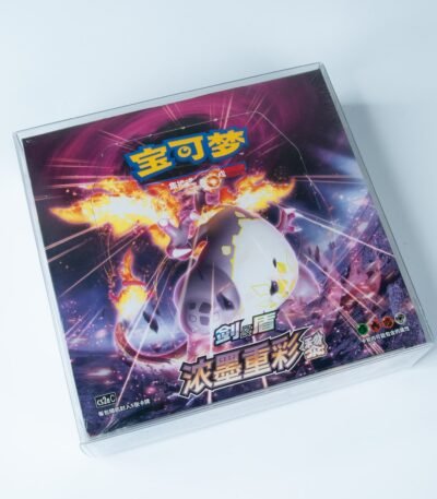 Rear view of MOBO Crystal Box Pokémon China Classic Booster Box Display Protector – Transparent 0.5 mm PET case showing secure closure and snug fit