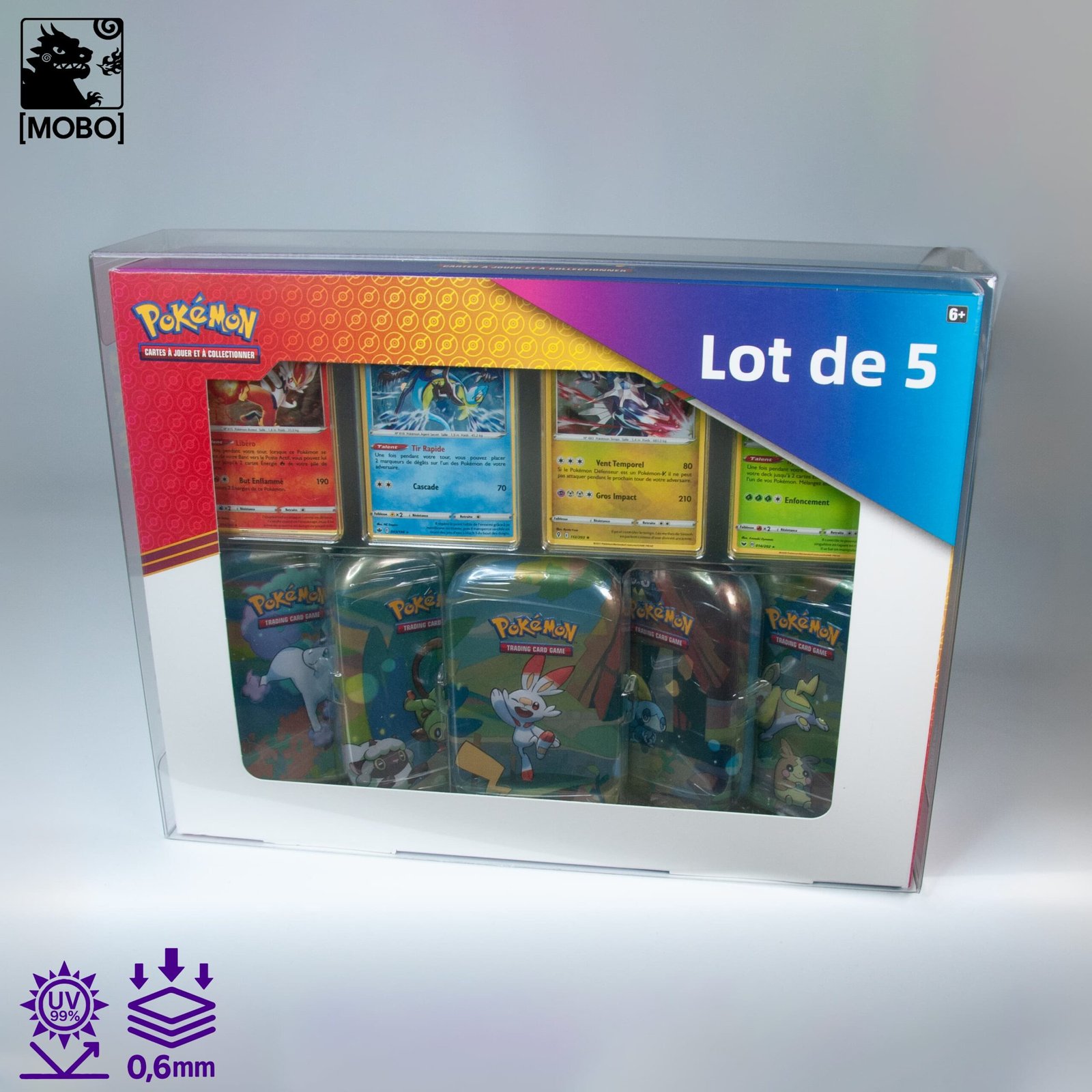MOBO Pokémon Crystal Box Costco Mini Tins Protector Front view of MOBO Crystal Box Pokémon Costco Mini Tins Protector – Transparent 0.6 mm PET case for sealed Costco Pokémon mini tins set