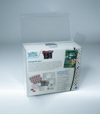 Rear angle of the MOBO Crystal Box Pokémon ETB Protector – 0.7 mm PET case highlighting the reinforced back panel and precise folding.