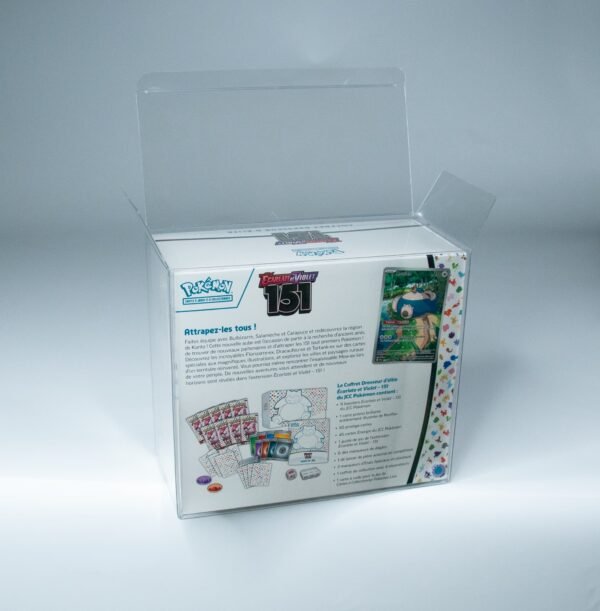 Rear angle of the MOBO Crystal Box Pokémon ETB Protector – 0.7 mm PET case highlighting the reinforced back panel and precise folding.