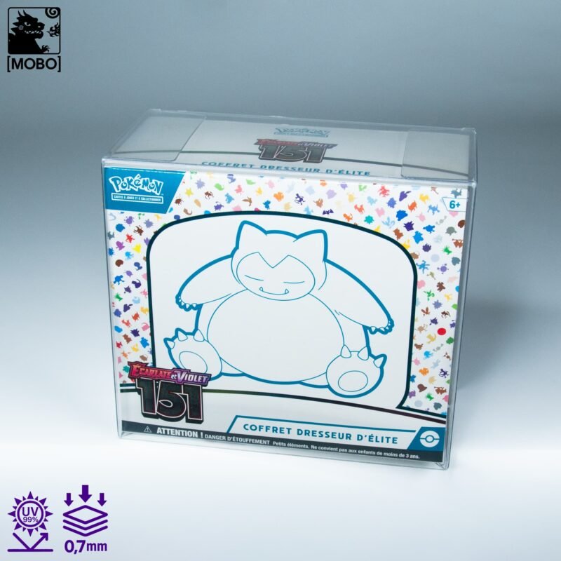Front view of MOBO Crystal Box Pokémon ETB Protector – Transparent 0.7 mm PET case for sealed Elite Trainer Boxes.