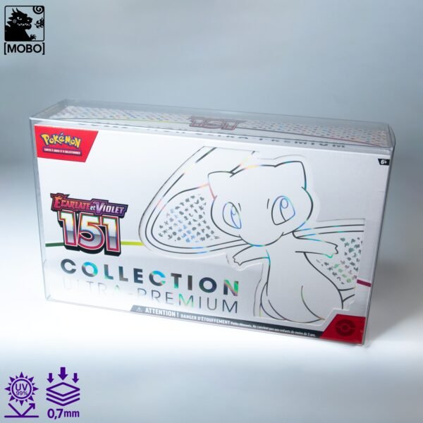 Front view of MOBO Crystal Box Pokémon Mew 151 UPC Protector – Transparent 0.7 mm PET case for sealed Pokémon Mew 151 UPC boxes