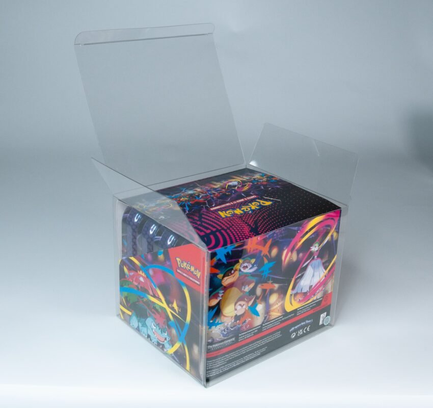 Rear view of MOBO Crystal Box Pokémon Mini Tins Display x10 Protector – Transparent 0.6 mm PET case showing closure and alignment