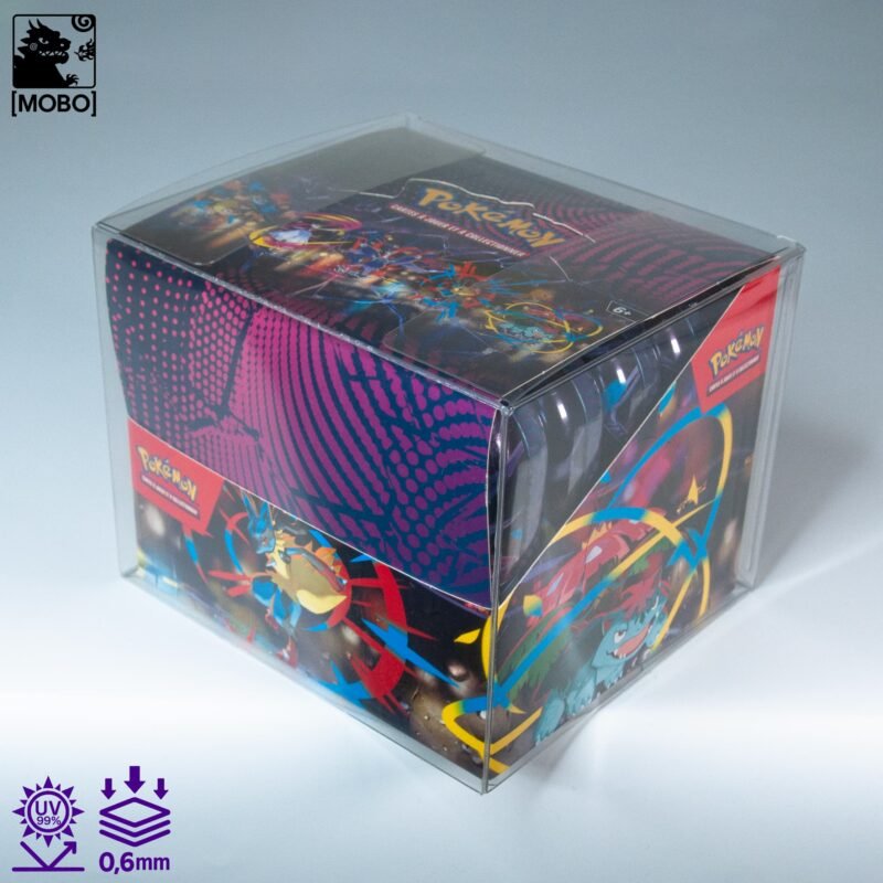 Front view of MOBO Crystal Box Pokémon Mini Tins Display x10 Protector – Transparent 0.6 mm PET case for sealed Pokémon Mini Tins displays of 10 tins