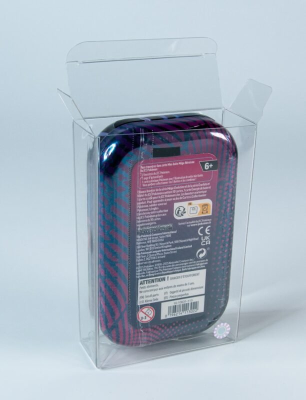 Rear view of MOBO Crystal Box Pokémon Mini Tins Protector – Transparent 0.5 mm PET case showing the back structure and closure.