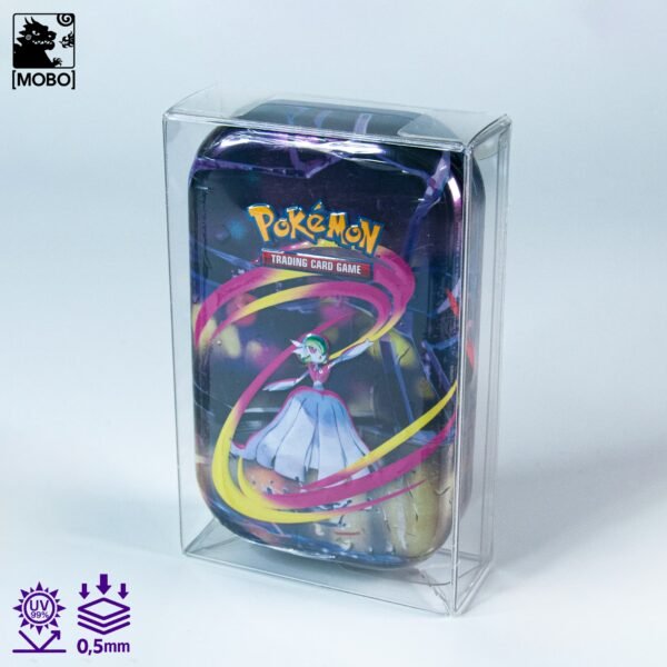 Front view of MOBO Crystal Box Pokémon Mini Tins Protector – Transparent 0.5 mm PET case for sealed Pokémon collectible mini-tins.