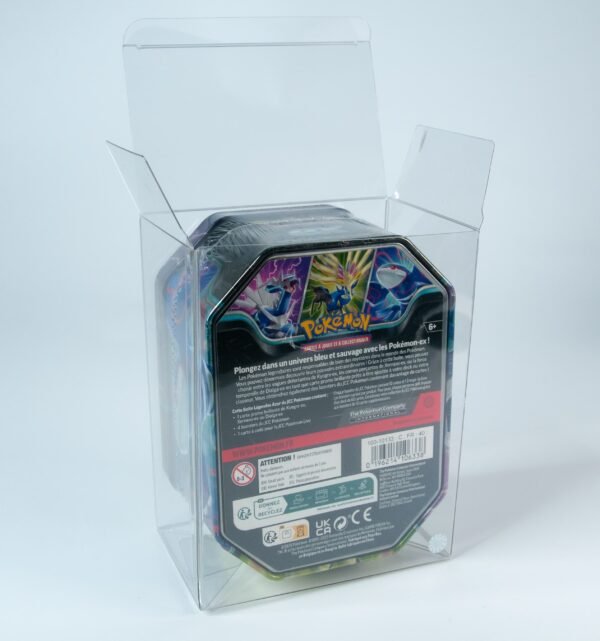Rear view of MOBO Crystal Box Pokémon Pokébox Protector – Transparent 0.6 mm PET case showing the back closure and snug fit for sealed Pokémon boxes