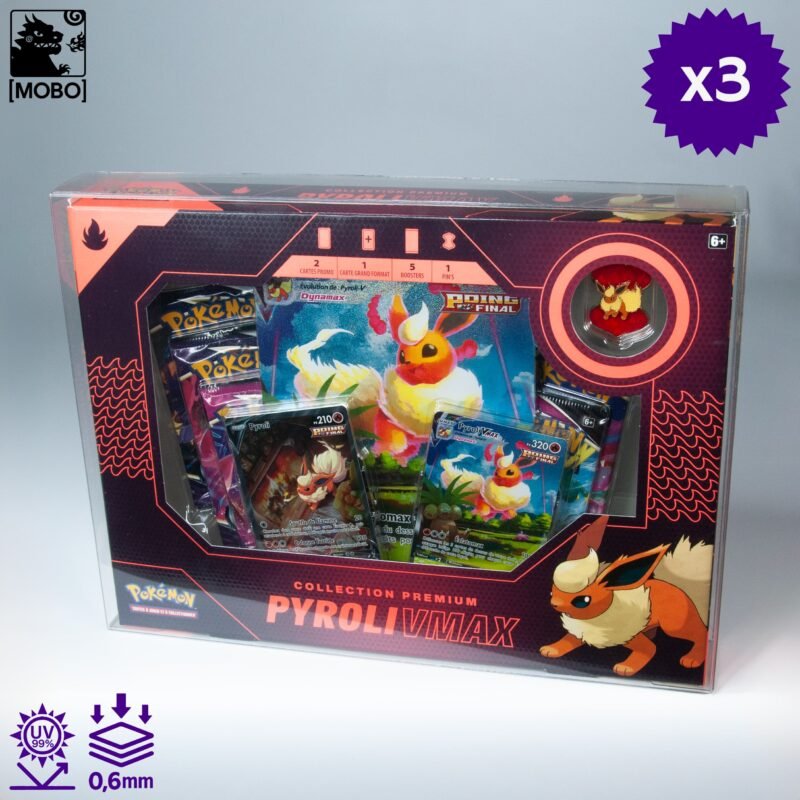 Front view of MOBO Crystal Box Pokémon Flareon Premium Collection Protector – Transparent 0.6 mm PET case for sealed Flareon box