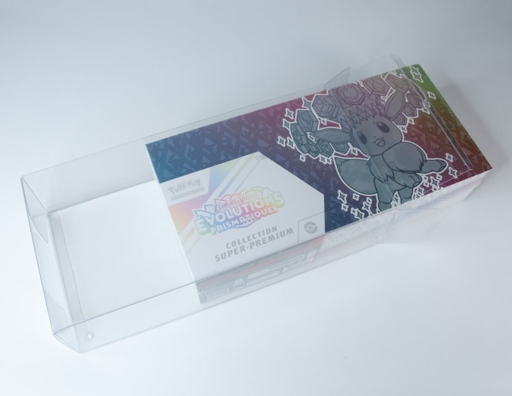 Rear view of MOBO Crystal Box Pokémon Prismatic Evolution UPC Protector – Transparent 0.7 mm PET case showing rear closure and structure