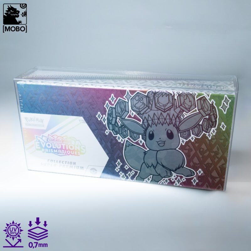 Front view of MOBO Crystal Box Pokémon Prismatic Evolution UPC Protector – Transparent 0.7 mm PET case for sealed Prismatic Evolution UPC boxes
