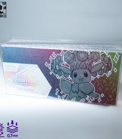 Front view of MOBO Crystal Box Pokémon Prismatic Evolution UPC Protector – Transparent 0.7 mm PET case for sealed Prismatic Evolution UPC boxes