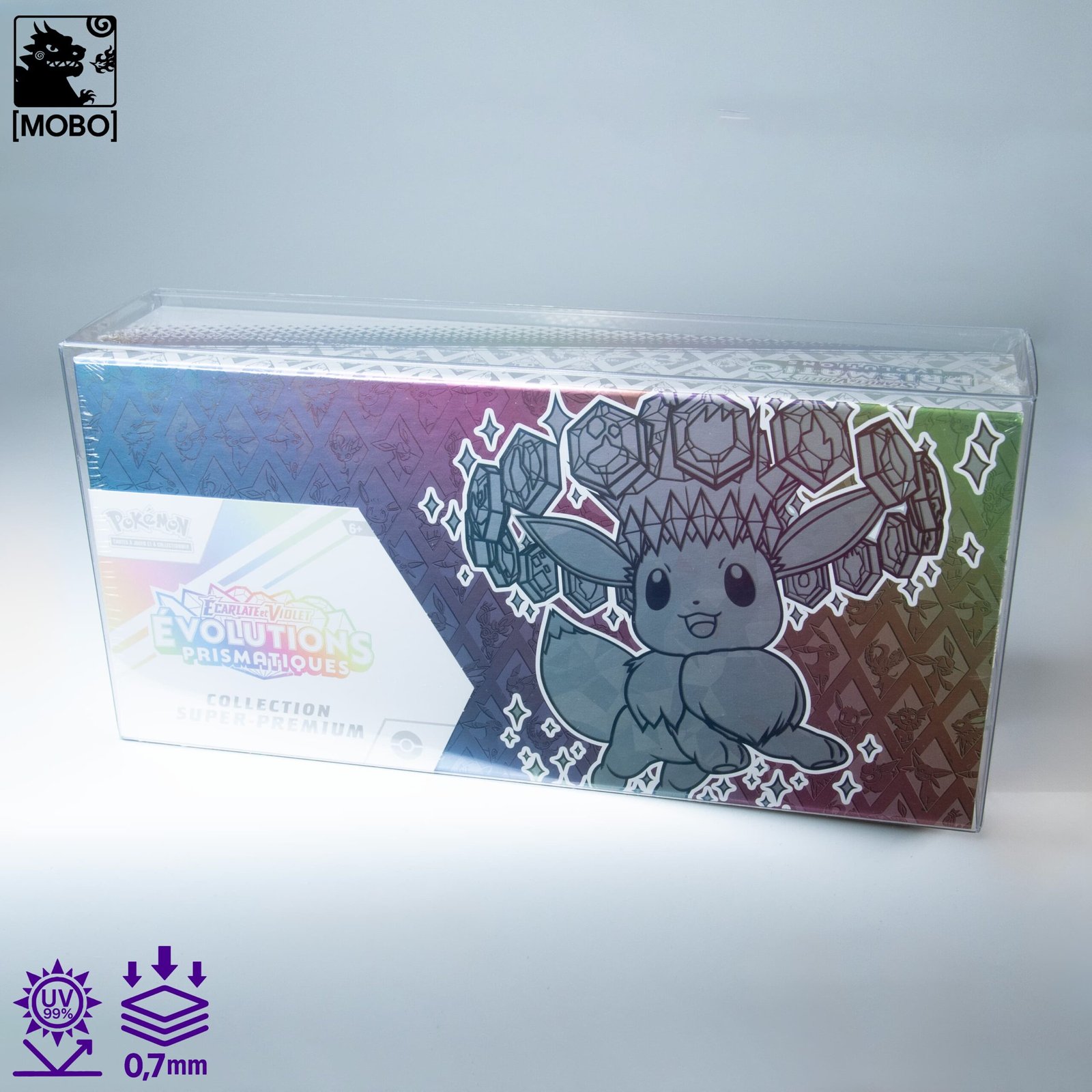 MOBO Pokémon Crystal Box Prismatic Evolution UPC Protector Front view of MOBO Crystal Box Pokémon Prismatic Evolution UPC Protector – Transparent 0.7 mm PET case for sealed Prismatic Evolution UPC boxes