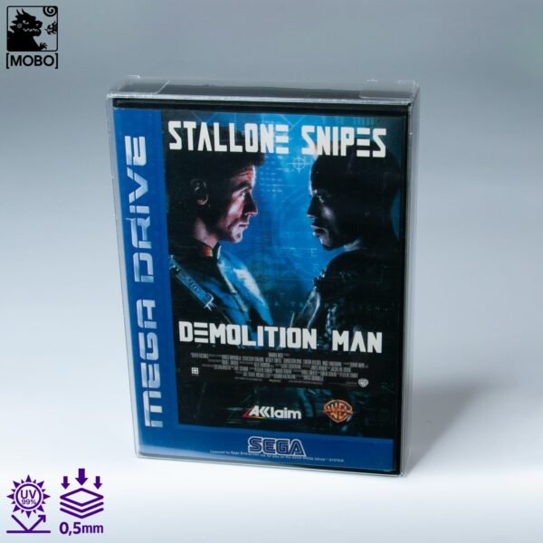 Front view of MOBO Crystal Box Sega Mega Drive Protector – Transparent 0.5 mm PET case for sealed Mega Drive games