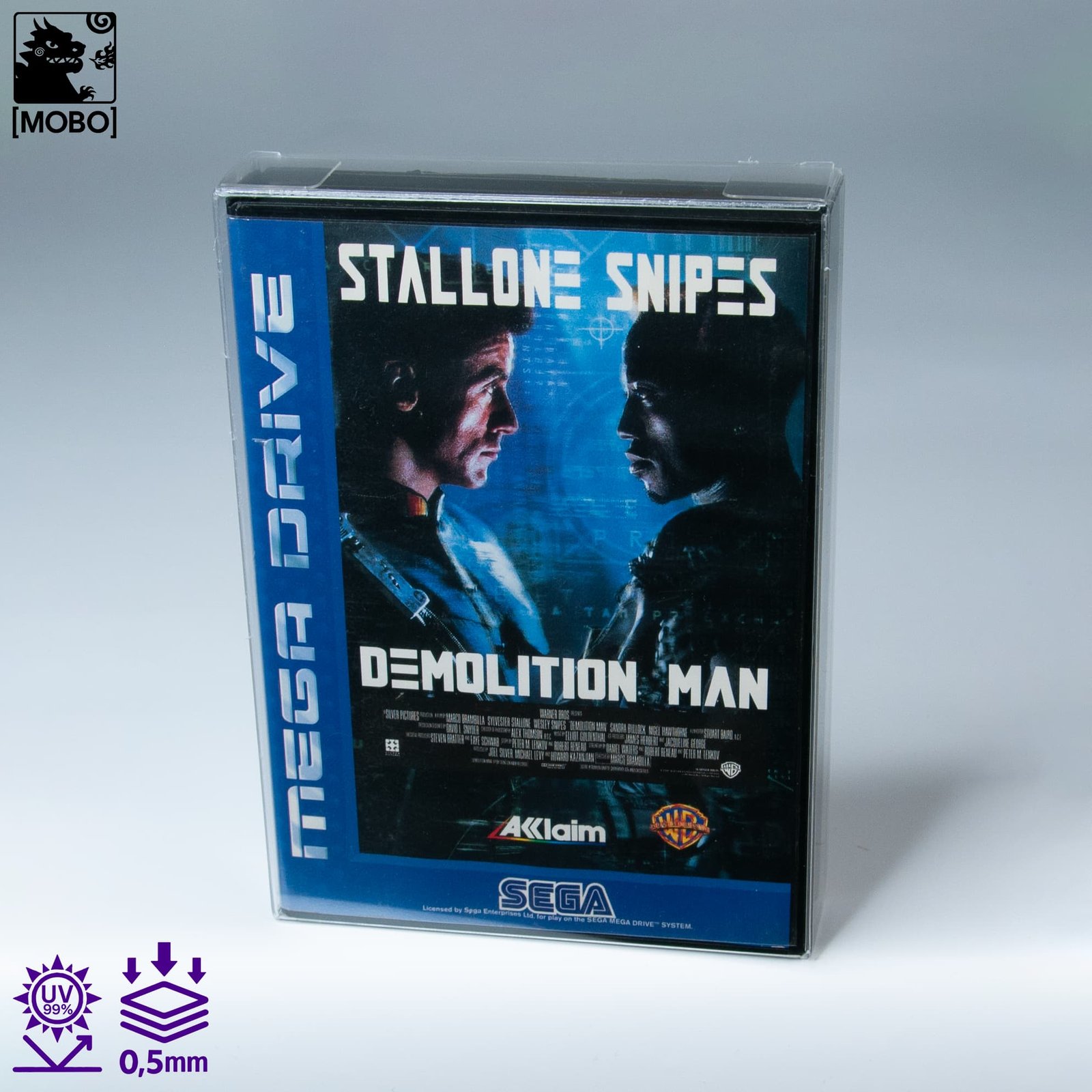 Front view of MOBO Crystal Box Sega Mega Drive Protector – Transparent 0.5 mm PET case for sealed Mega Drive games