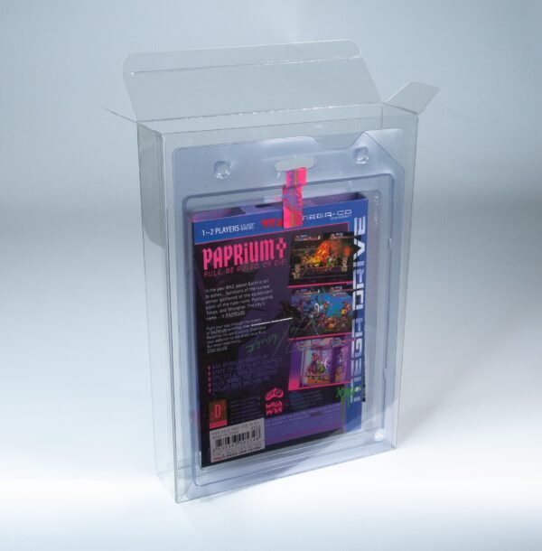 Rear view of MOBO Crystal Box Sega Paprium Game Protector – Transparent 0.5 mm PET case showing rear closure and alignment