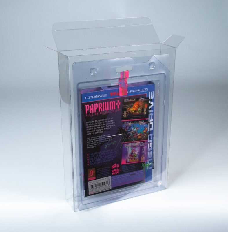 Rear view of MOBO Crystal Box Sega Paprium Game Protector – Transparent 0.5 mm PET case showing rear closure and alignment