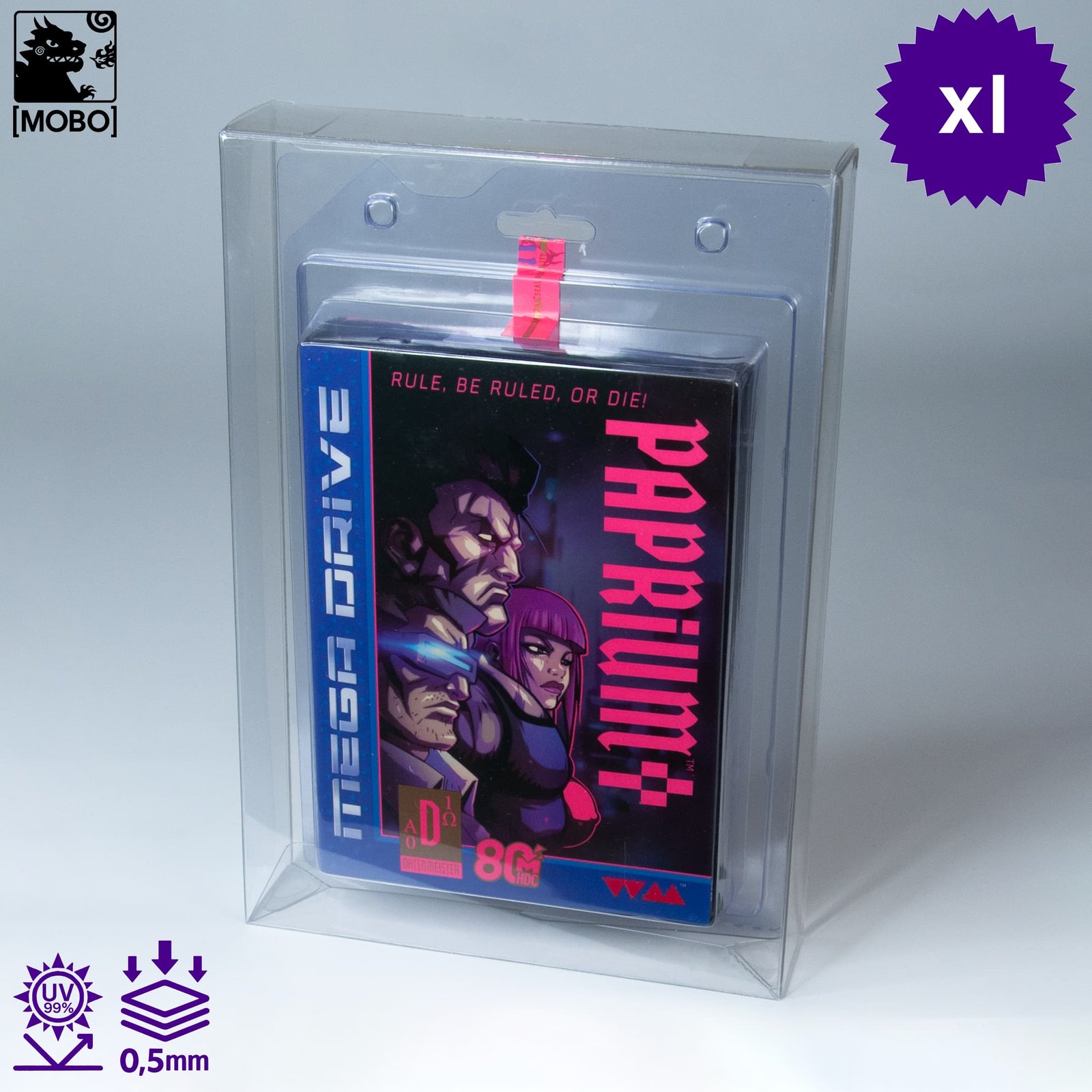 MOBO Sega Paprium Crystal Box Game Protector Front view of MOBO Crystal Box Sega Paprium Game Protector – Transparent 0.5 mm PET case for sealed Paprium game