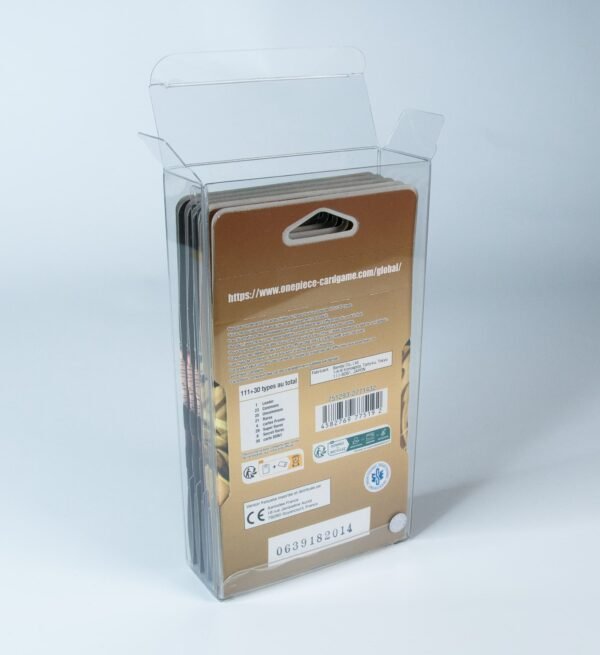 Rear view of MOBO Crystal Box One Piece 4 Booster Carton Protector – Transparent 0.5 mm PET case showing closure and secure rear seal