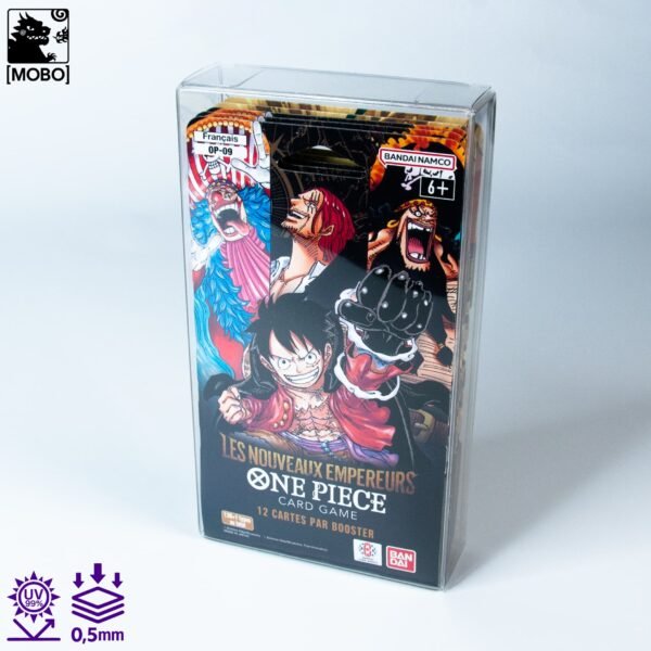 Front view of MOBO Crystal Box One Piece 4 Booster Carton Protector – Transparent 0.5 mm PET case for sealed carton of 4 One Piece boosters