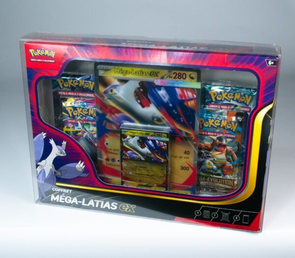 Front view of MOBO Crystal Box Pokémon Mega Latias Box Protector – Transparent 0.6 mm PET case for sealed Mega Latias box