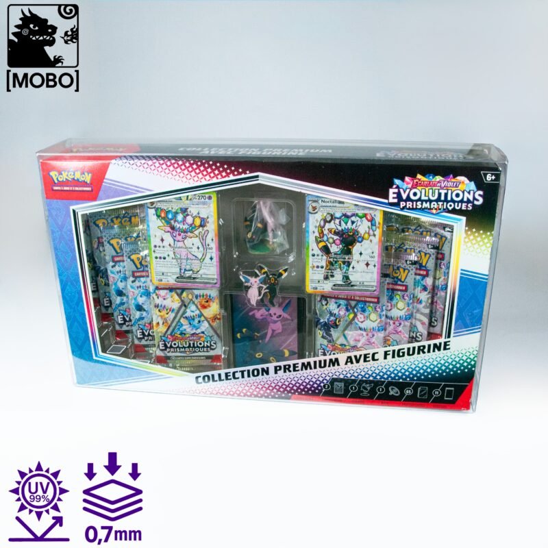 Front view of MOBO Crystal Box Pokémon Prismatic Evolution Premium Collection Protector – Transparent 0.6 mm PET case for sealed Prismatic Evolution Premium Collection boxes