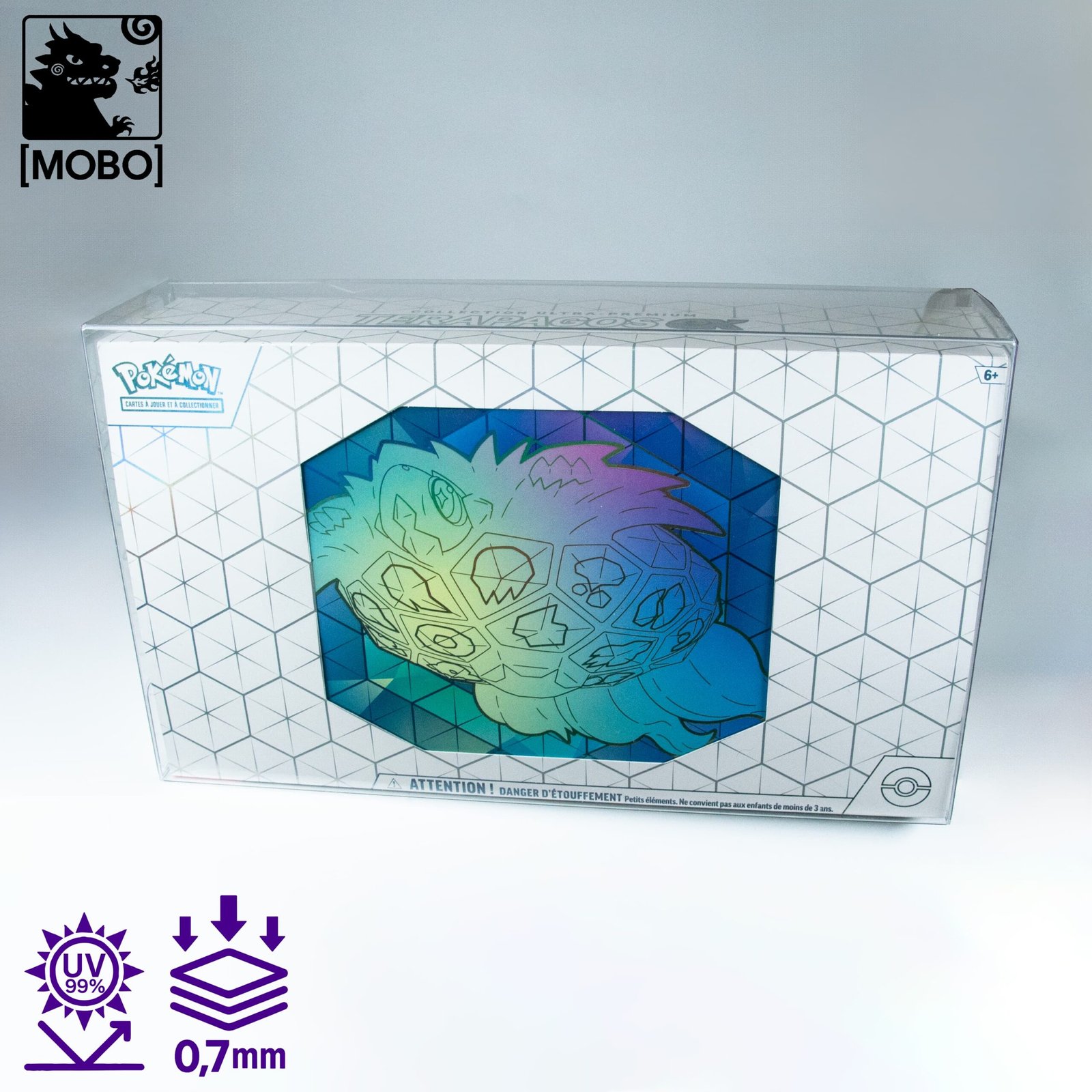MOBO Pokémon Crystal Box Terapagos UPC Protector Front view of MOBO Crystal Box Pokémon Terapagos UPC Protector – Transparent 0.7 mm PET case for sealed Pokémon Terapagos UPC boxes